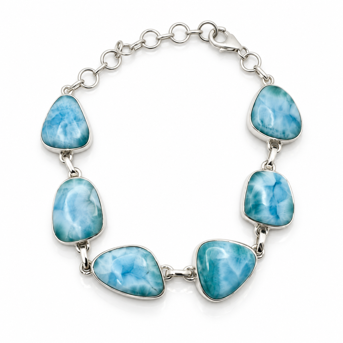 Six-stone Larimar sterling silver link bracelet, curved primary view
