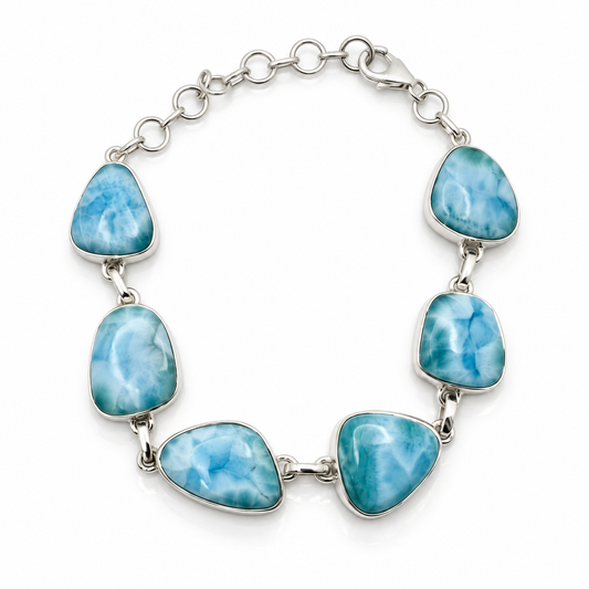 Six-stone Larimar sterling silver link bracelet, curved primary view