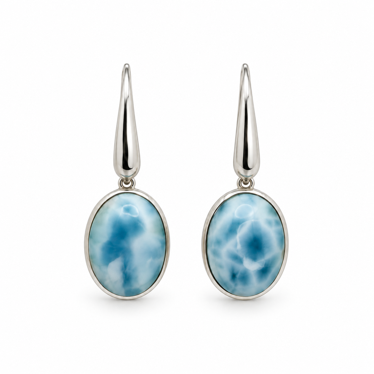 Front view of oval Larimar earrings with smooth sterling silver bezels and tapered earwires.