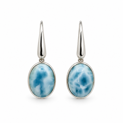 Front view of oval Larimar earrings with smooth sterling silver bezels and tapered earwires.