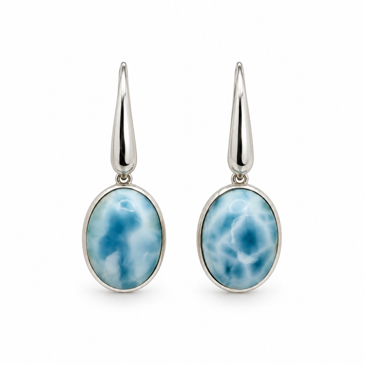 Front view of oval Larimar earrings with smooth sterling silver bezels and tapered earwires.