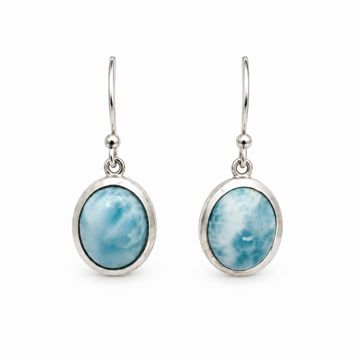 Oval Larimar earrings with smooth sterling silver settings and bead-detail earwires, front view.