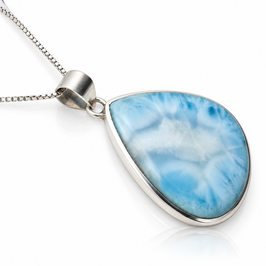 Opposite angled view of teardrop Larimar necklace with sterling silver box chain
