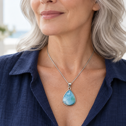 Silver-haired woman in navy linen wearing a teardrop Larimar necklace on a sterling silver box chain