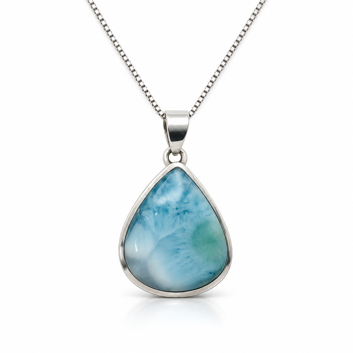 Front view of one-of-a-kind teardrop Larimar necklace with sterling silver bezel and box chain