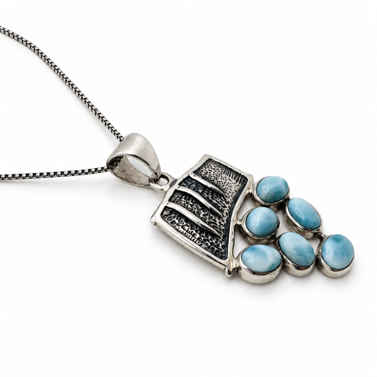 Larimar Tidal Cascade necklace angled view showing six stones, sterling silver setting and bail