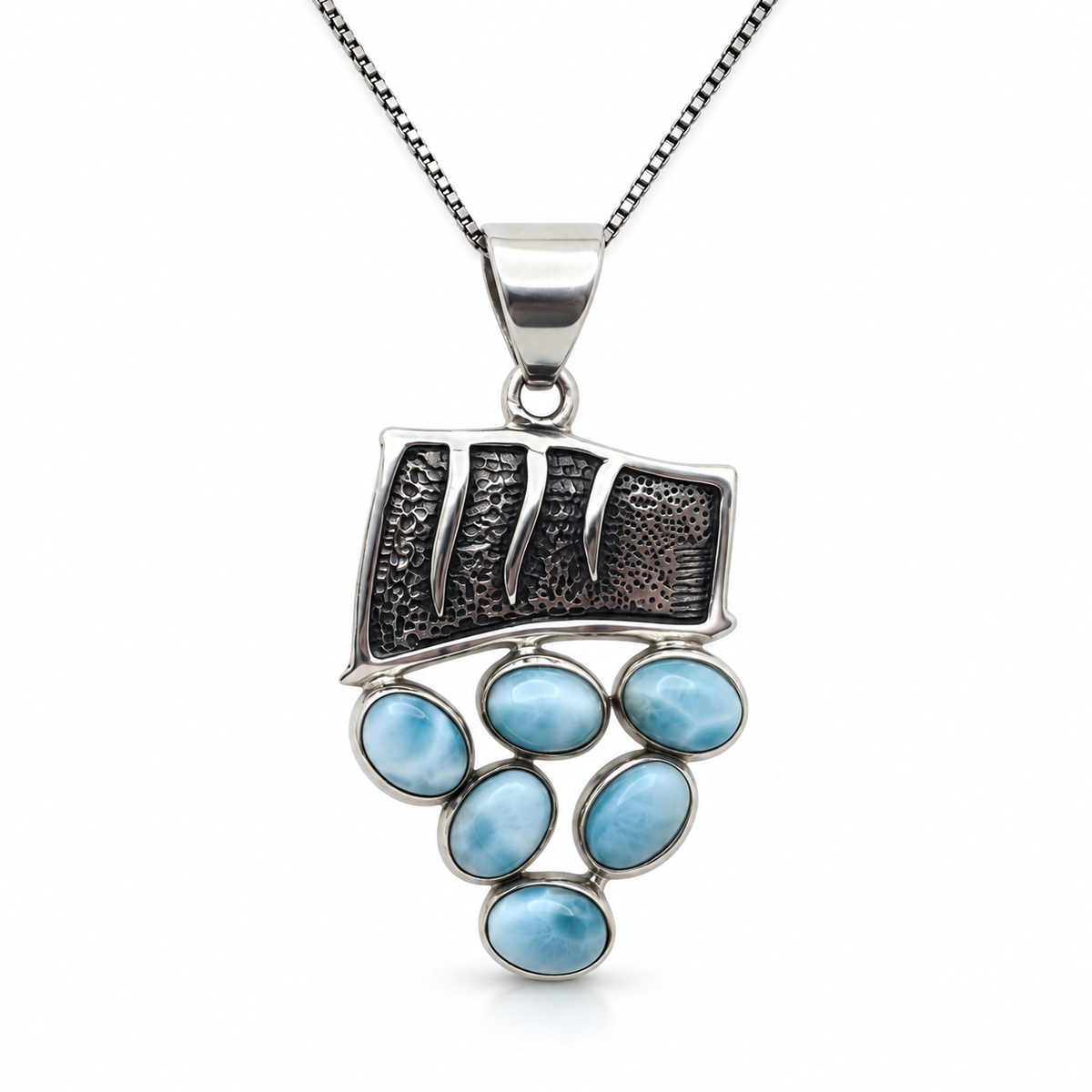 Larimar Tidal Cascade necklace front view with six stones and oxidized sterling silver panel