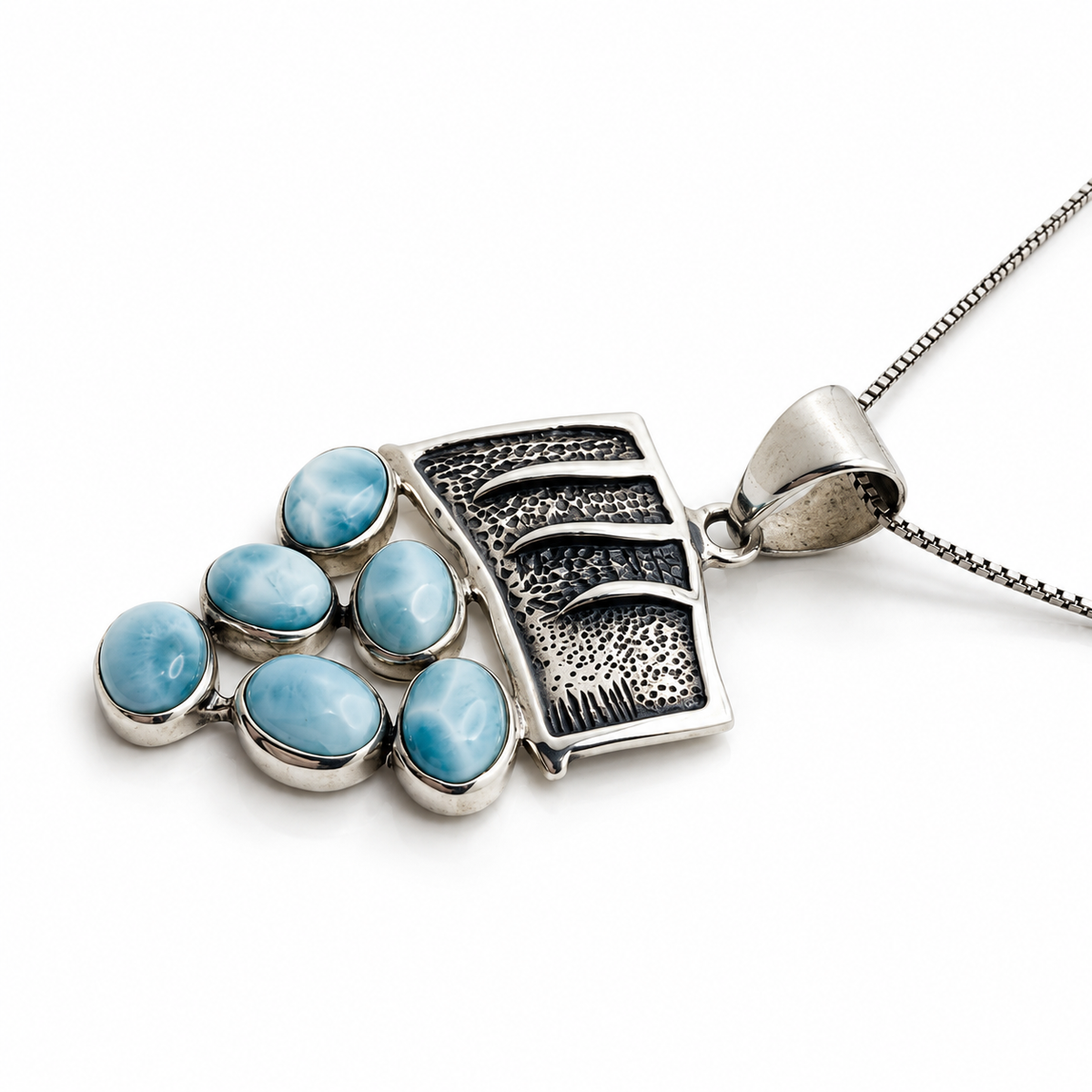 Larimar Tidal Cascade necklace opposite side profile on glossy white background