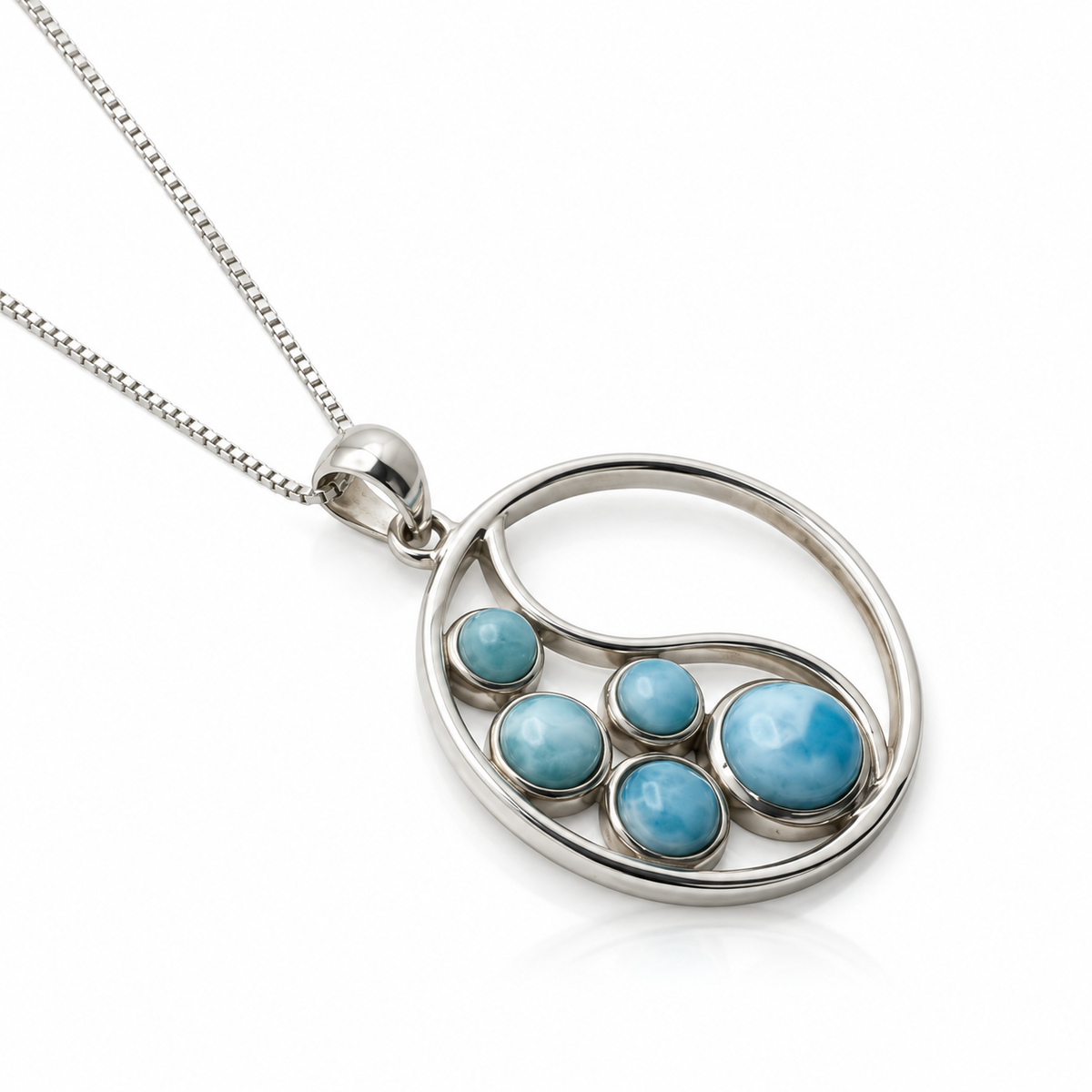 Five-stone circular Larimar wave necklace in sterling silver, angled view