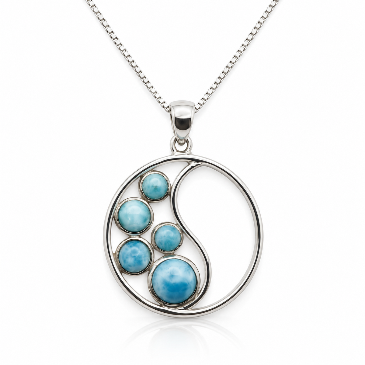 Five-stone circular Larimar wave necklace in sterling silver, front view