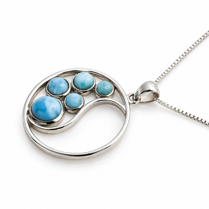 Five-stone circular Larimar wave necklace in sterling silver, side profile