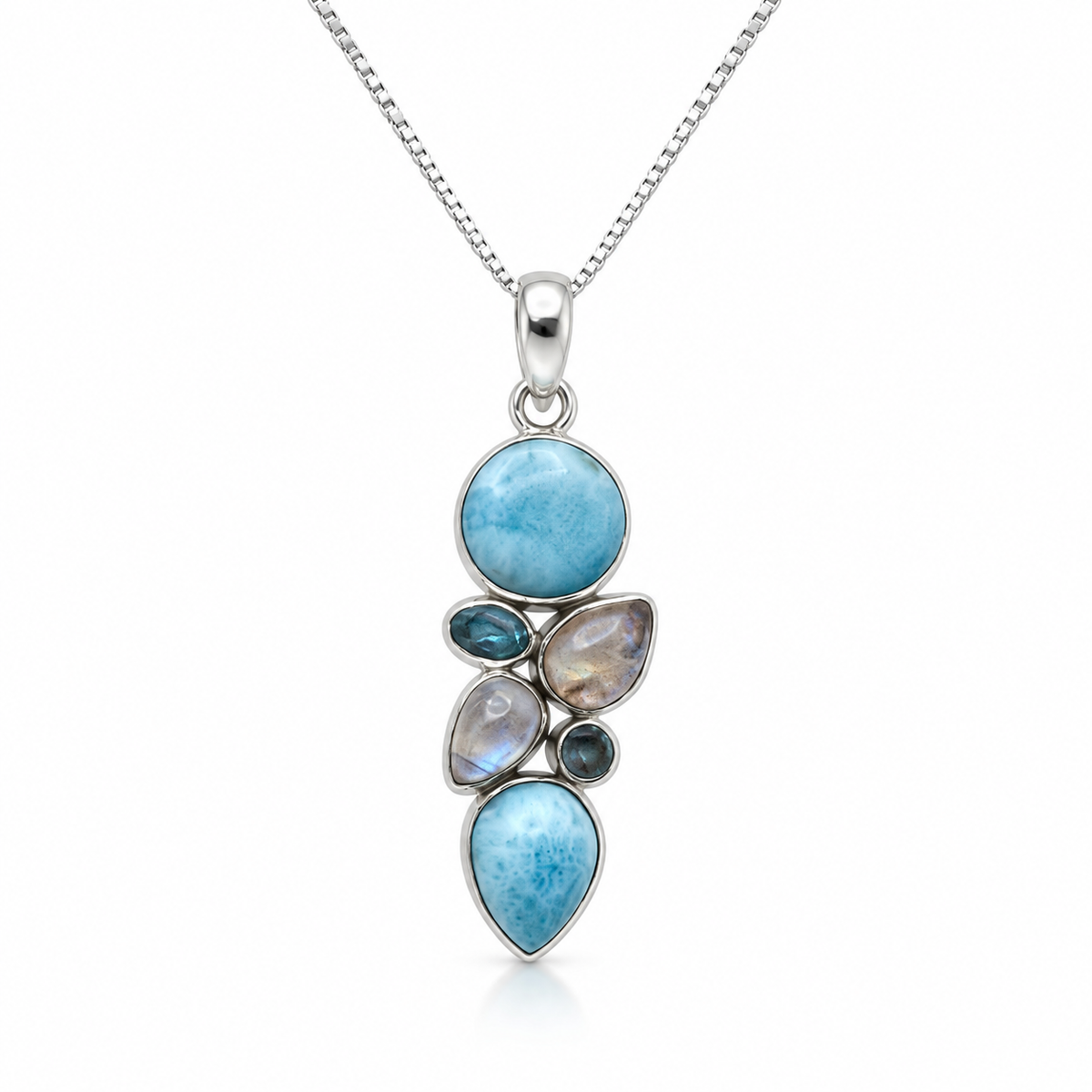 Larimar and iridescent gemstone sterling silver necklace, primary front view