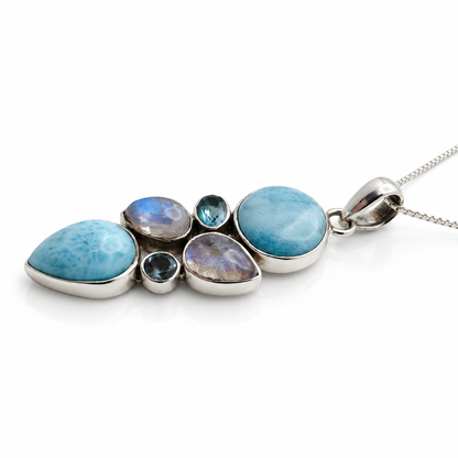 Larimar and iridescent gemstone sterling silver necklace, side profile view