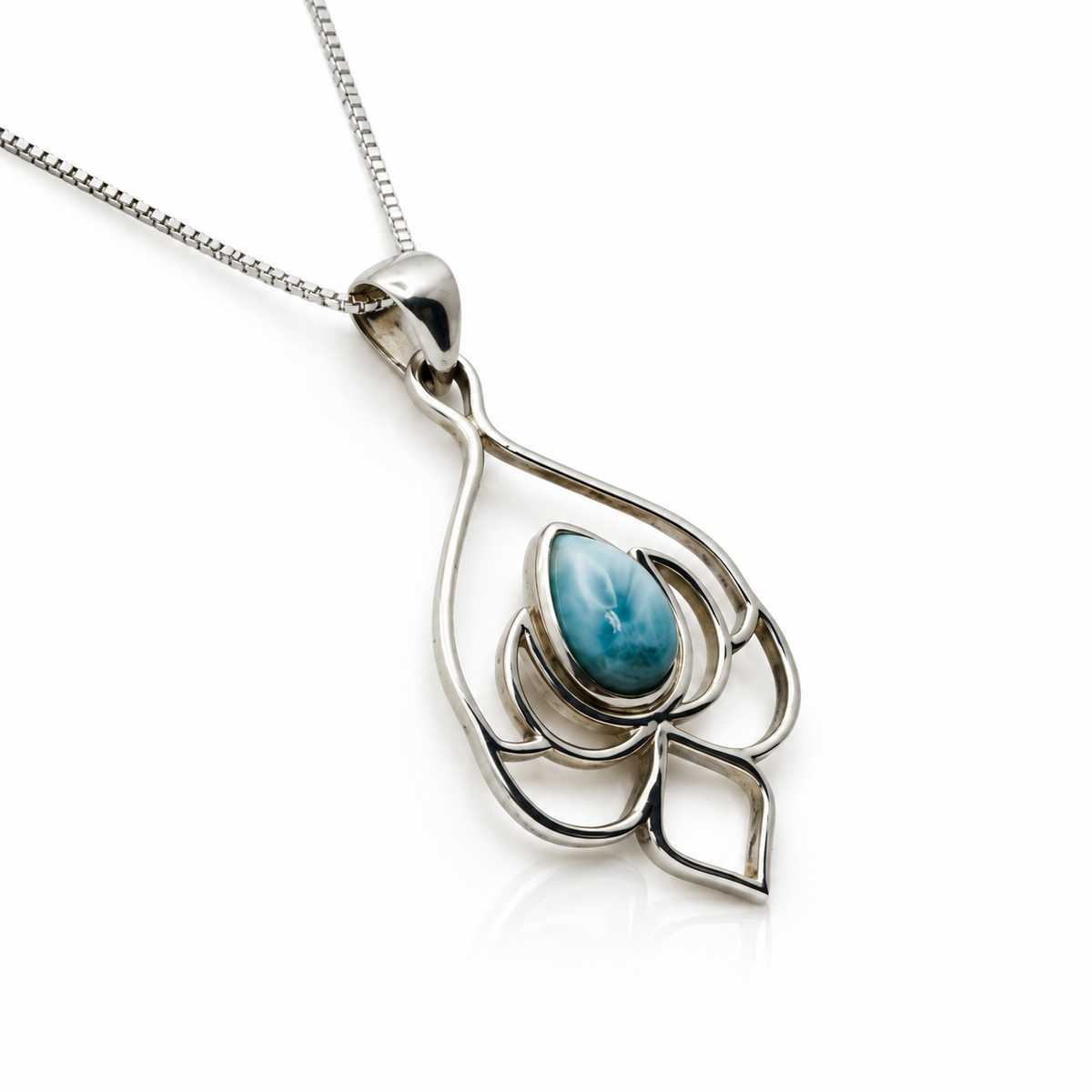 Teardrop Larimar lotus-design sterling silver necklace, angled view