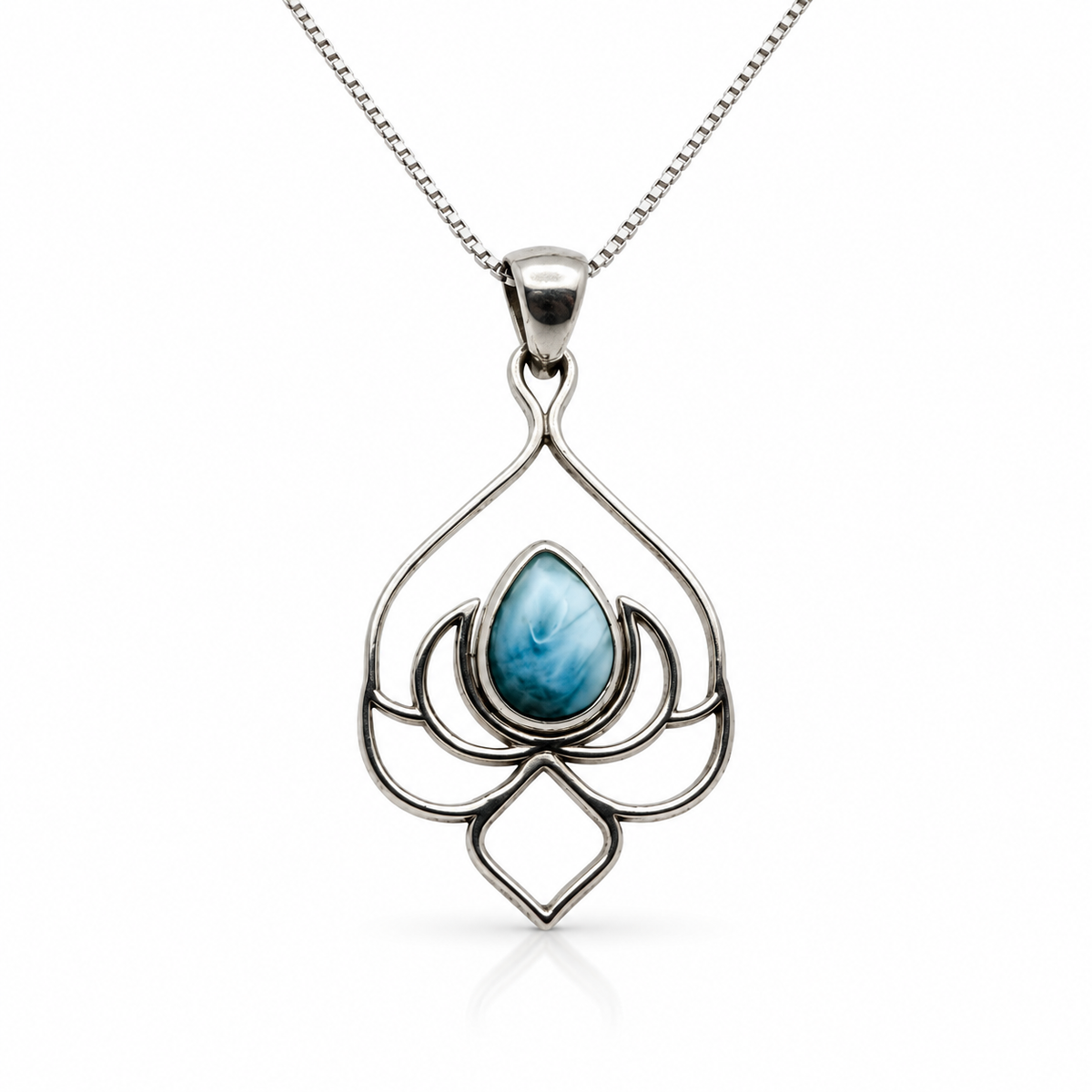 Teardrop Larimar lotus-design sterling silver necklace, front view