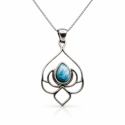 Teardrop Larimar lotus-design sterling silver necklace, front view