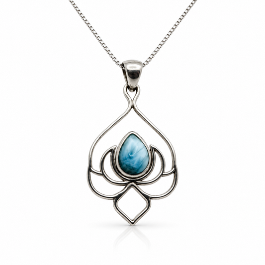 Teardrop Larimar lotus-design sterling silver necklace, front view