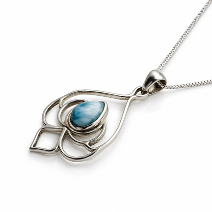 Teardrop Larimar lotus-design sterling silver necklace, side profile