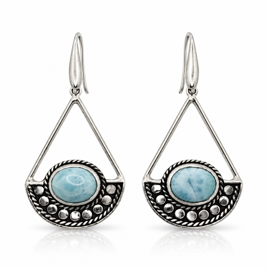 Larimar drop earrings with triangular sterling silver openwork, rope borders and raised dots, front view on white.