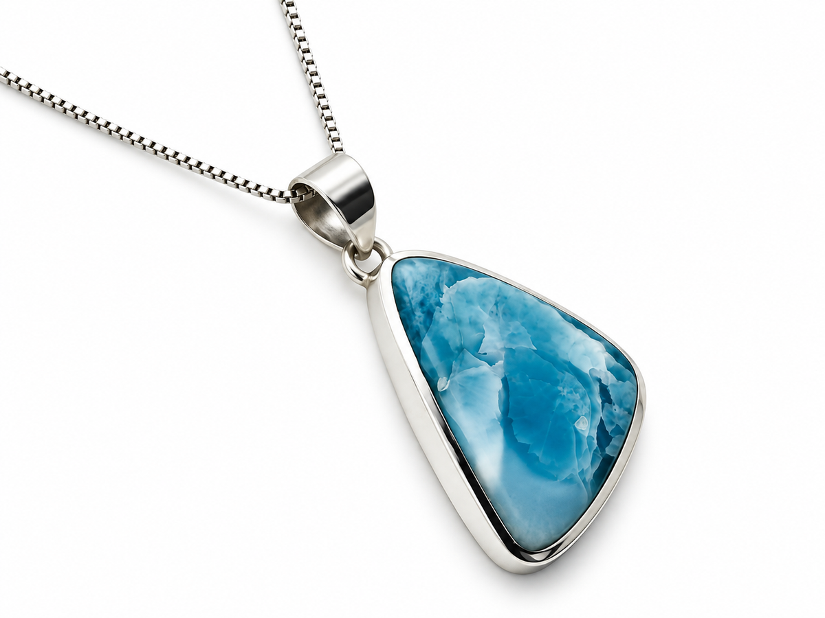 Larimar necklace opposite angled view on white