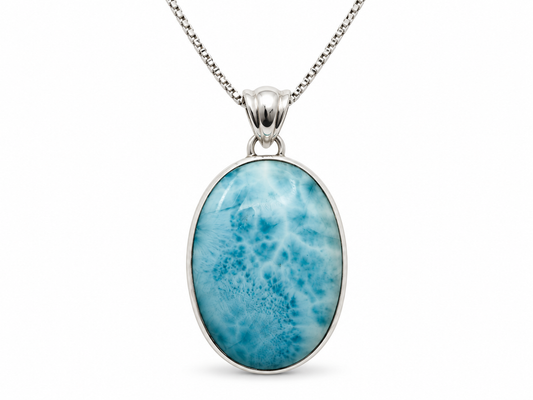 Large oval Larimar necklace front view on white