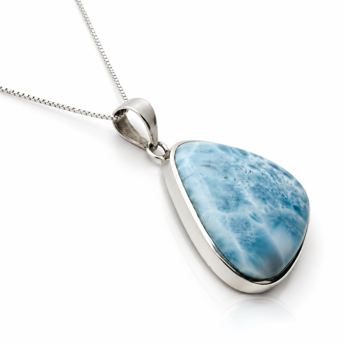 Rounded-triangle Larimar necklace in sterling silver, angled view