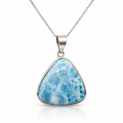 Rounded-triangle Larimar necklace in sterling silver, front view