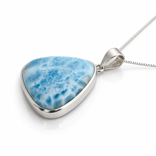Rounded-triangle Larimar necklace showing sterling silver side profile