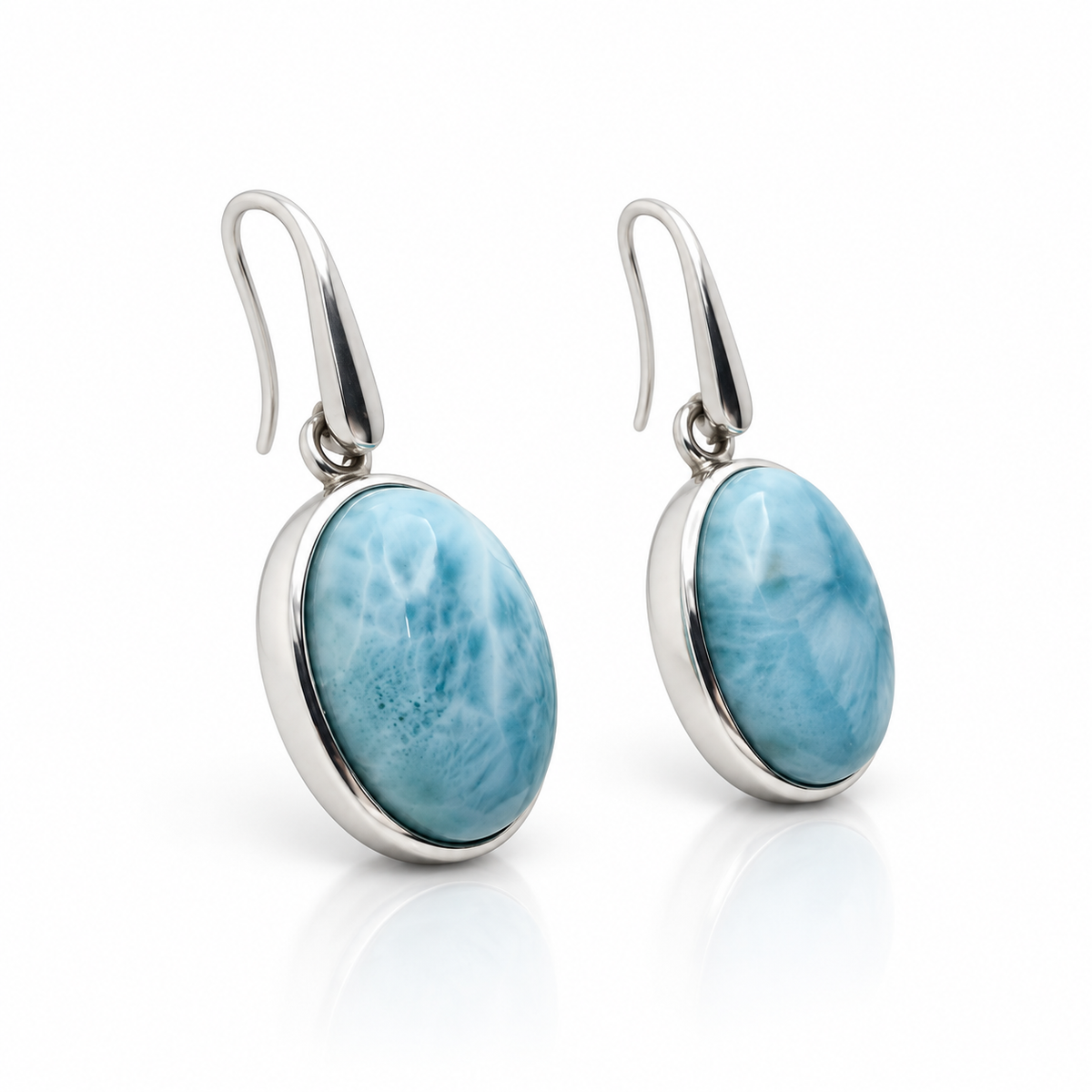 Oval Larimar drop earrings in sterling silver, angled upright view