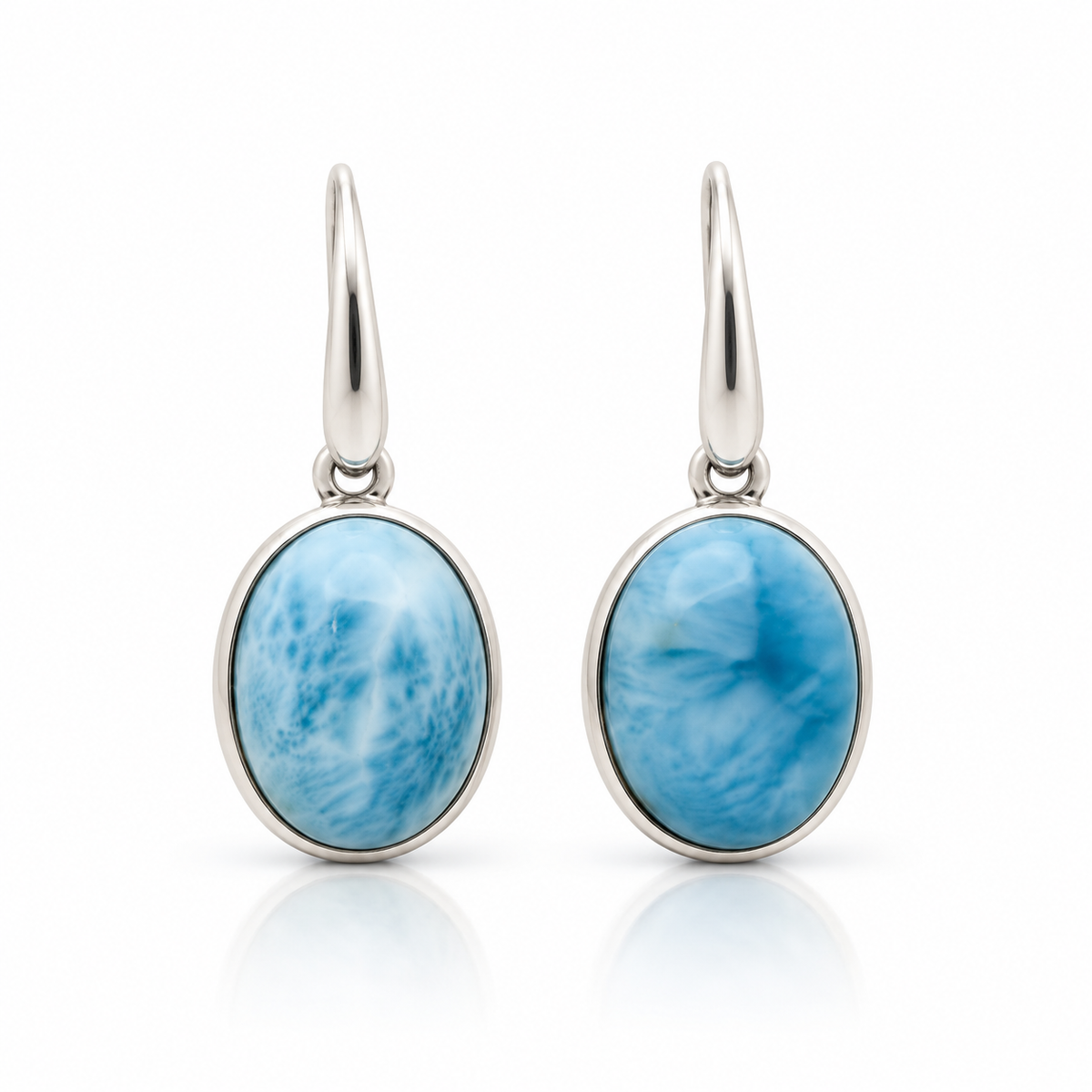 Matched oval Larimar drop earrings in sterling silver, front view