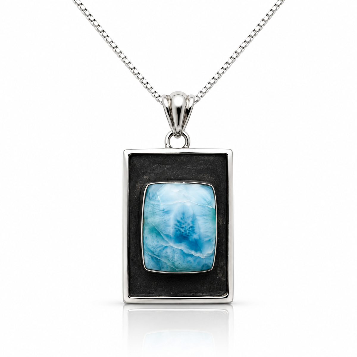 Rectangular Ocean Tableau Larimar necklace with dark oxidized sterling frame, front view