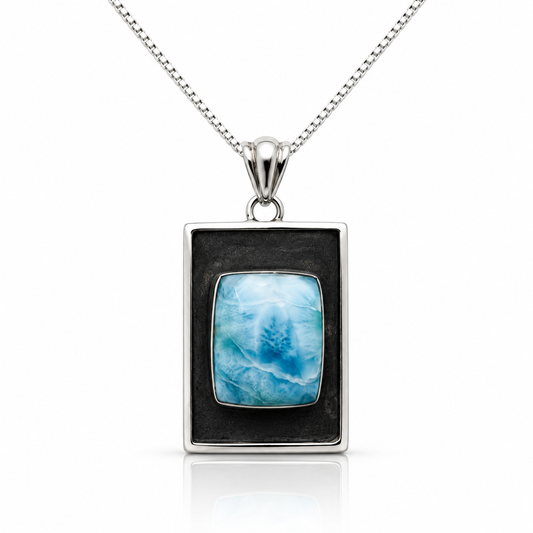 Rectangular Ocean Tableau Larimar necklace with dark oxidized sterling frame, front view