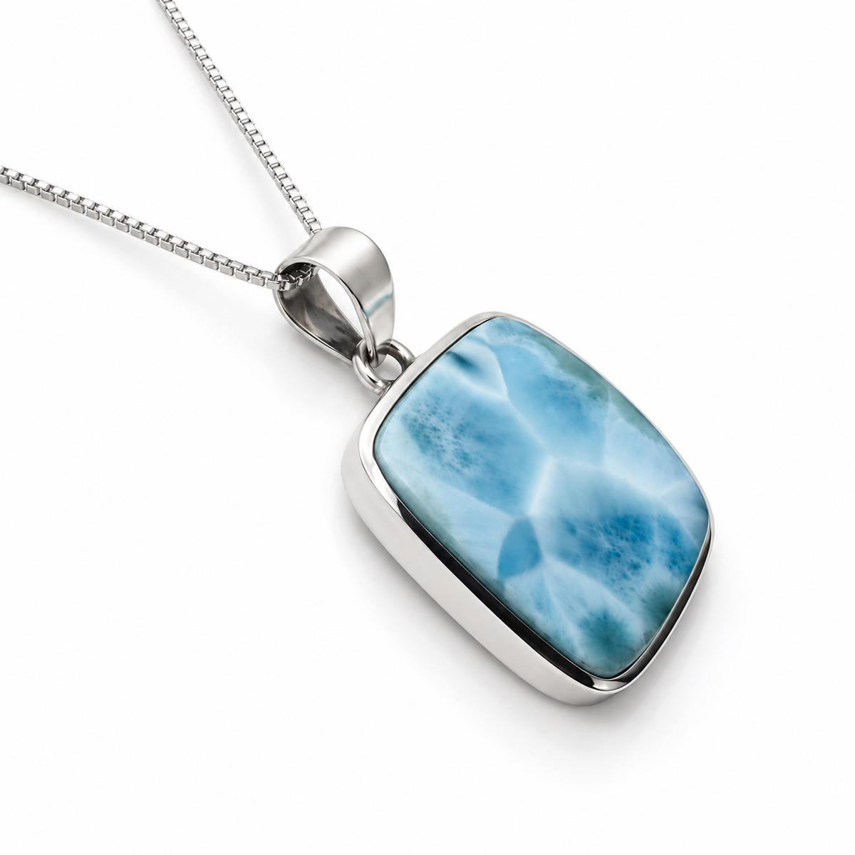 Rounded-square Larimar necklace in sterling silver, angled upright view on glossy white