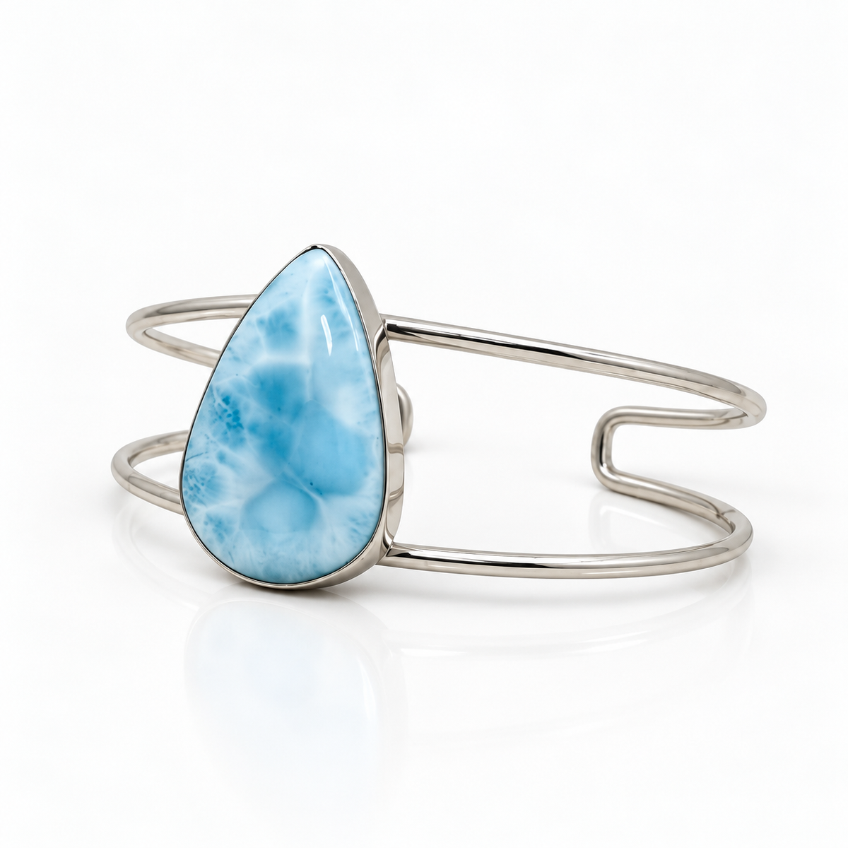 Teardrop Larimar sterling silver open cuff bracelet, primary front view on glossy white