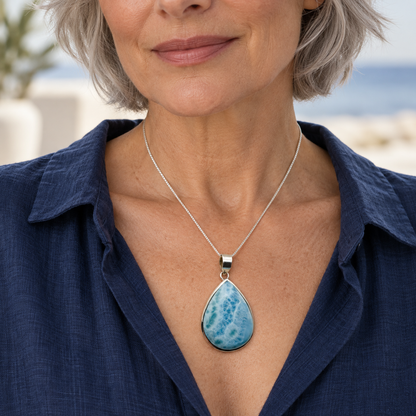 Silver-haired woman in navy wearing an elongated teardrop Larimar necklace