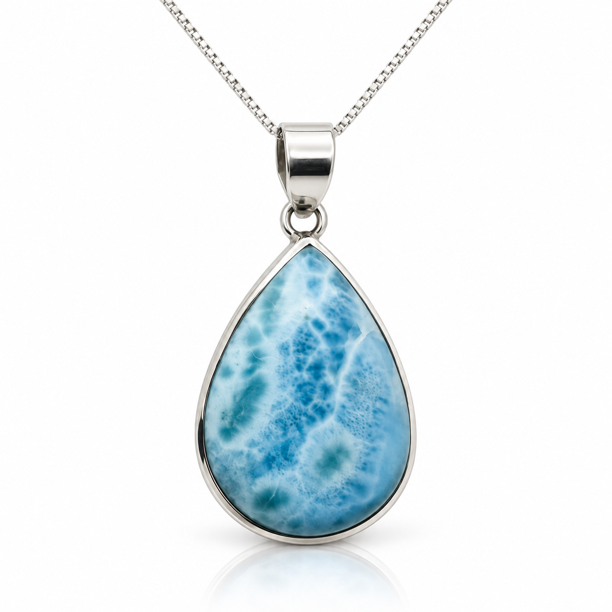 Elongated teardrop Larimar necklace in sterling silver, front view
