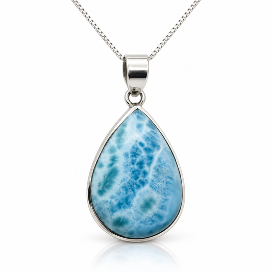 Elongated teardrop Larimar necklace in sterling silver, front view